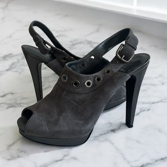 STUART WEITZMAN Gray Suede Platform Slingback Heels Size 8.5 - Picture 1 of 10